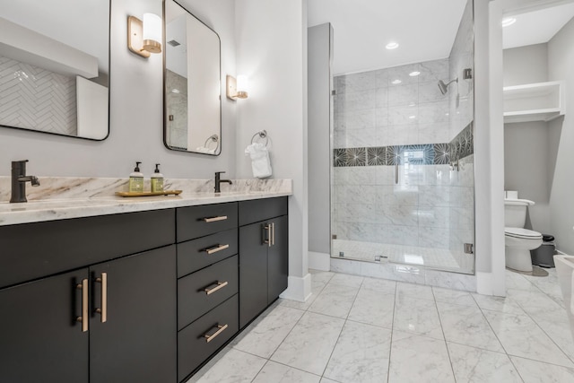 705 27th Ave N, Nashville, TN 37208 - full bathroom with marble look tiles, double vanity, a stall shower, and recessed lighting