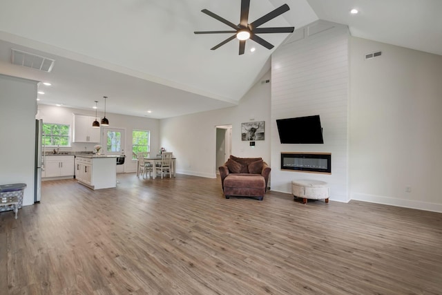 94 Hickory Ridge Ln, Woodbury, TN 37190 - living room featuring a ceiling fan, high vaulted ceiling, wood finished floors, recessed lighting, and a large fireplace