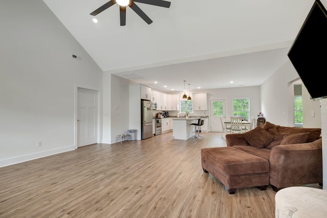 94 Hickory Ridge Ln, Woodbury, TN 37190 - living room featuring a ceiling fan, light wood-style flooring, recessed lighting, and high vaulted ceiling