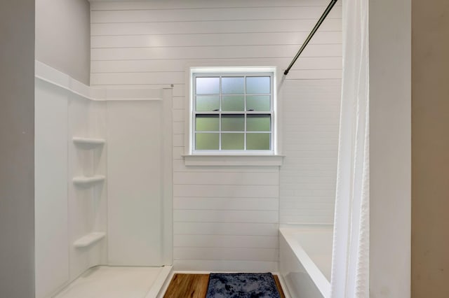 94 Hickory Ridge Ln, Woodbury, TN 37190 - full bath featuring a shower, a tub to relax in, wood walls, and wood finished floors