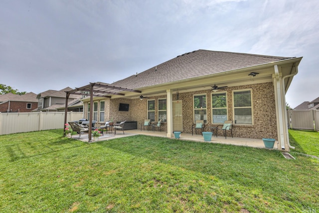 1655 Burrows Ave, Murfreesboro, TN 37129 - rear view of house featuring a ceiling fan, a fenced backyard, a pergola, brick siding, and a patio