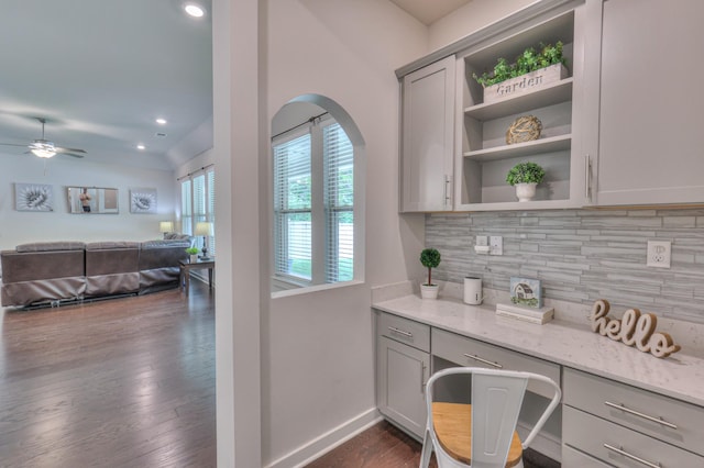 1655 Burrows Ave, Murfreesboro, TN 37129 - kitchen with gray cabinetry, open shelves, a ceiling fan, light stone countertops, and recessed lighting