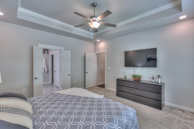 1655 Burrows Ave, Murfreesboro, TN 37129 - carpeted bedroom featuring a raised ceiling, crown molding, recessed lighting, and a ceiling fan