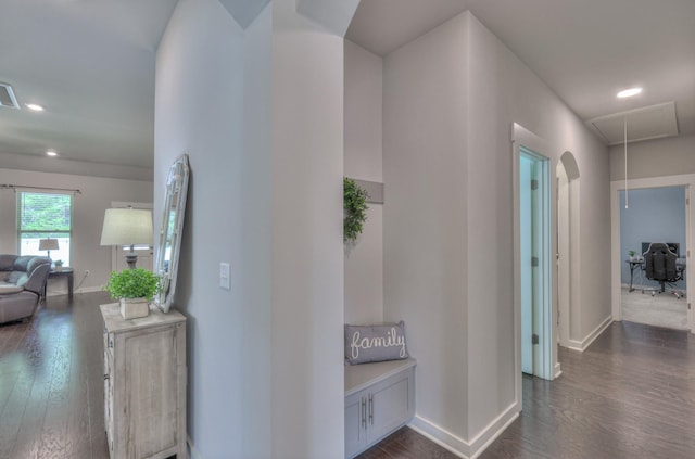 1655 Burrows Ave, Murfreesboro, TN 37129 - hallway featuring attic access, dark wood finished floors, and recessed lighting