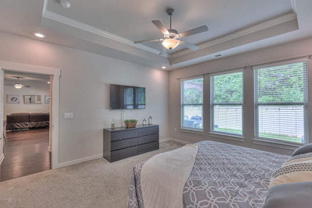 1655 Burrows Ave, Murfreesboro, TN 37129 - bedroom featuring a tray ceiling, ornamental molding, carpet flooring, recessed lighting, and a ceiling fan