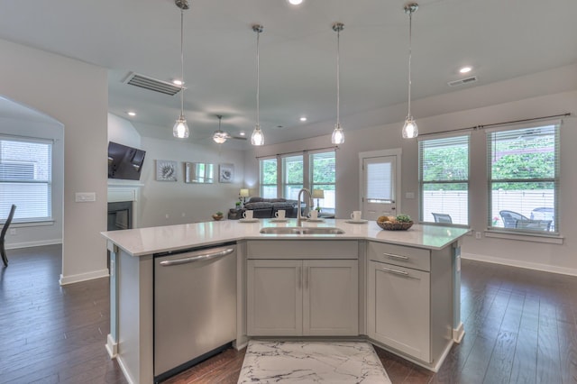 1655 Burrows Ave, Murfreesboro, TN 37129 - kitchen featuring dishwasher, open floor plan, a fireplace, an island with sink, and pendant lighting