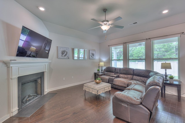 1655 Burrows Ave, Murfreesboro, TN 37129 - living area with a ceiling fan, dark wood-style floors, a fireplace, and recessed lighting