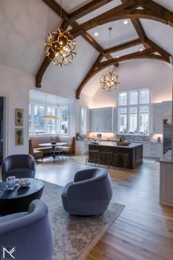 119 Winslow Rd, Franklin, TN 37064 - living room with a chandelier, high vaulted ceiling, beam ceiling, plenty of natural light, and wood finished floors