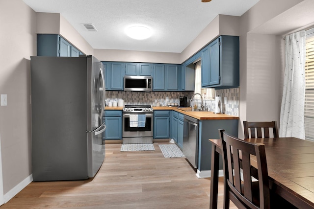 259 Mayflower Ln N, Madison, TN 37115 - kitchen featuring appliances with stainless steel finishes, wood counters, blue cabinets, and decorative backsplash