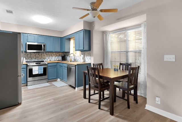 259 Mayflower Ln N, Madison, TN 37115 - kitchen with appliances with stainless steel finishes, blue cabinets, light wood-style floors, tasteful backsplash, and ceiling fan