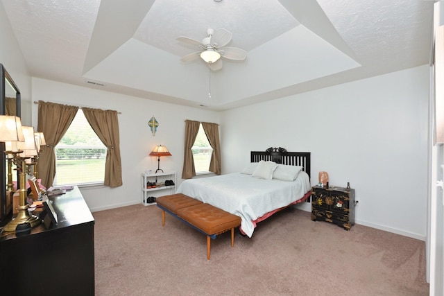 395 Devon Chase Hl Unit 3602, Gallatin, TN 37066 - bedroom with a raised ceiling, multiple windows, light colored carpet, a ceiling fan, and a textured ceiling