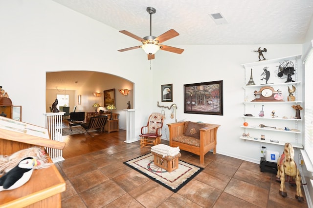 395 Devon Chase Hl Unit 3602, Gallatin, TN 37066 - living area with a ceiling fan, arched walkways, a textured ceiling, and lofted ceiling