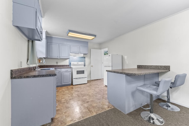 3892 Cedar St, Centerville, TN 37033 - kitchen featuring white appliances, dark countertops, under cabinet range hood, a peninsula, and a breakfast bar area