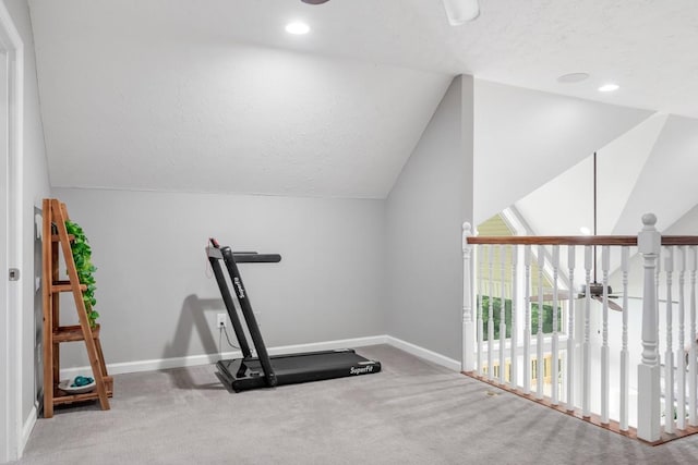 1250 Ed Seay Gregory Ln, Hartsville, TN 37074 - workout room featuring vaulted ceiling, a ceiling fan, carpet flooring, and a textured ceiling