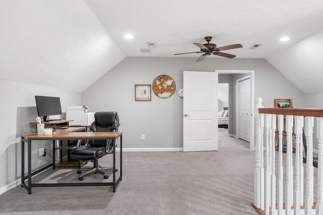 1250 Ed Seay Gregory Ln, Hartsville, TN 37074 - office with lofted ceiling, a ceiling fan, carpet, and recessed lighting