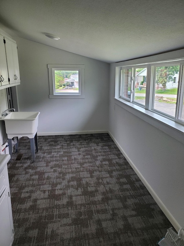 1171 5th St, Jellico, TN 37762 - unfurnished dining area with dark carpet, lofted ceiling, and a textured ceiling
