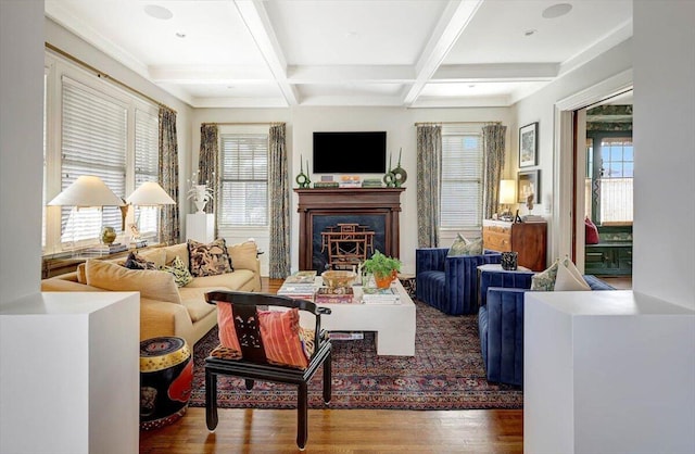 709 S Greenwood Ave S, Chattanooga, TN 37404 - living room featuring beamed ceiling, wood finished floors, a fireplace, and coffered ceiling