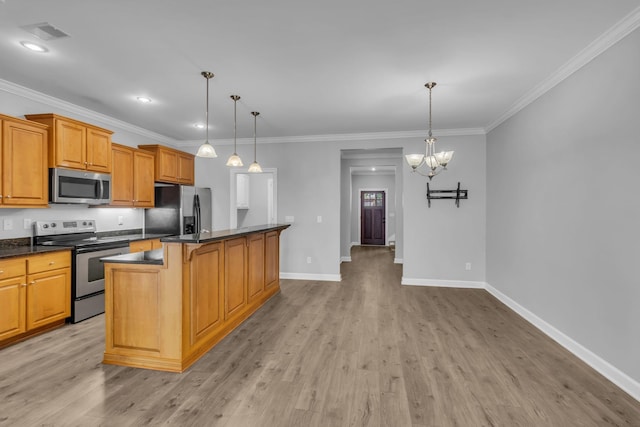 2342 N Tennessee Blvd Unit 603, Murfreesboro, TN 37130 - kitchen with stainless steel appliances, light wood-type flooring, a kitchen island, crown molding, and a chandelier