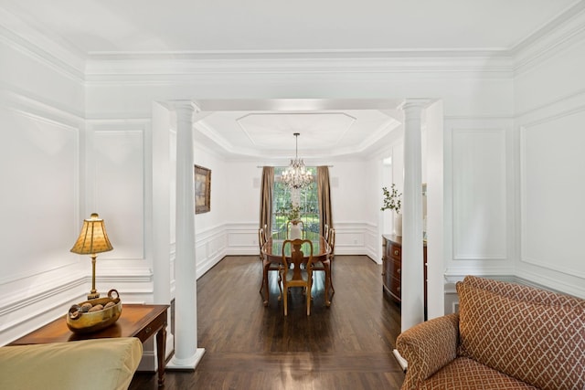 1060 Wilshire Way, Brentwood, TN 37027 - hall featuring a decorative wall, ornate columns, a chandelier, dark wood-style floors, and crown molding