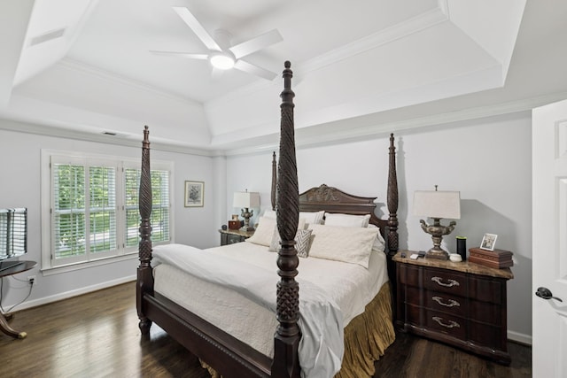 1060 Wilshire Way, Brentwood, TN 37027 - bedroom with a tray ceiling, dark wood-style flooring, ornamental molding, and a ceiling fan