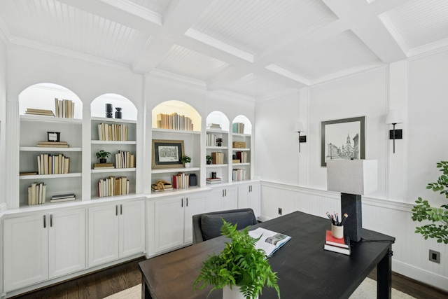 1060 Wilshire Way, Brentwood, TN 37027 - office area with coffered ceiling, beam ceiling, dark wood finished floors, and ornamental molding