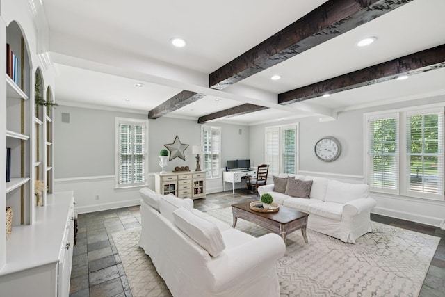 1060 Wilshire Way, Brentwood, TN 37027 - living room featuring stone tile flooring, beam ceiling, recessed lighting, a desk, and crown molding