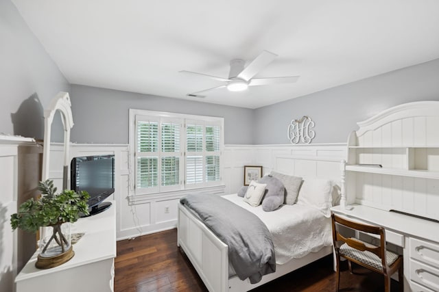 1060 Wilshire Way, Brentwood, TN 37027 - bedroom featuring dark wood-style flooring, wainscoting, an office area, and ceiling fan
