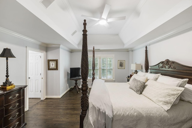 1060 Wilshire Way, Brentwood, TN 37027 - bedroom featuring dark wood-style floors, a raised ceiling, ornamental molding, and ceiling fan
