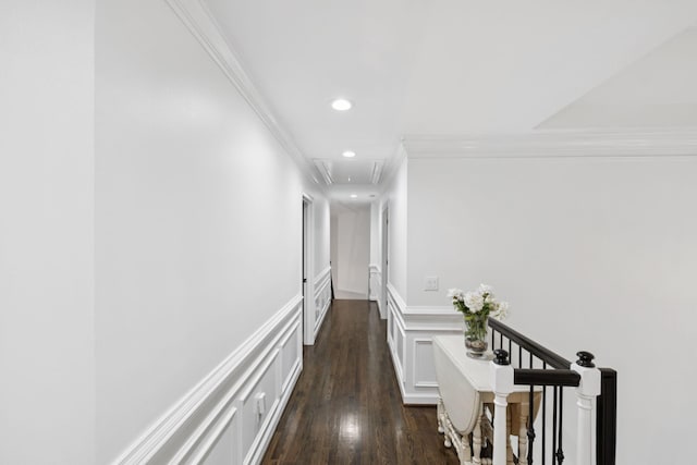 1060 Wilshire Way, Brentwood, TN 37027 - hall with attic access, crown molding, wainscoting, recessed lighting, and dark wood-style flooring