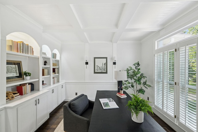 1060 Wilshire Way, Brentwood, TN 37027 - office space with dark wood-type flooring, beam ceiling, coffered ceiling, a wainscoted wall, and ornamental molding