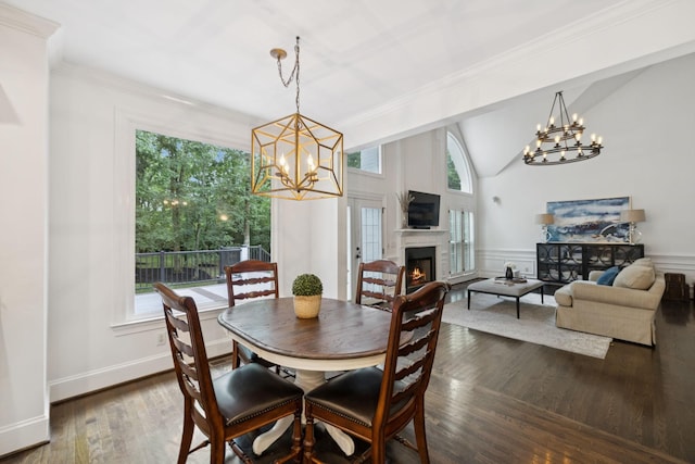 1060 Wilshire Way, Brentwood, TN 37027 - dining room with a chandelier, dark wood finished floors, healthy amount of natural light, lofted ceiling, and crown molding