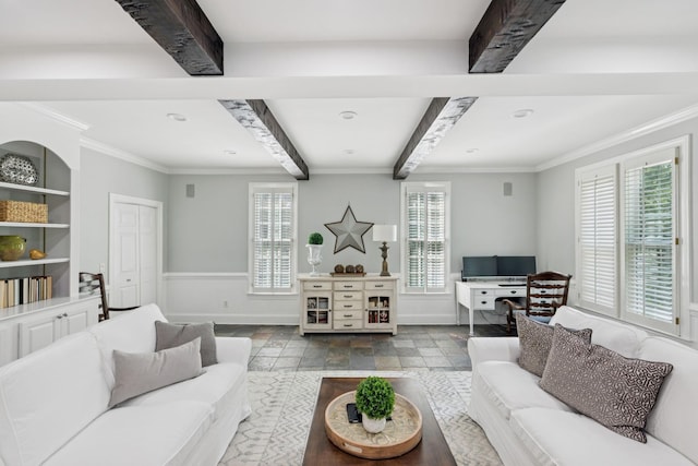 1060 Wilshire Way, Brentwood, TN 37027 - living area with beam ceiling, healthy amount of natural light, stone tile floors, and ornamental molding