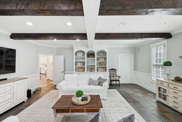 1060 Wilshire Way, Brentwood, TN 37027 - living room featuring beam ceiling, crown molding, stone tile floors, and recessed lighting
