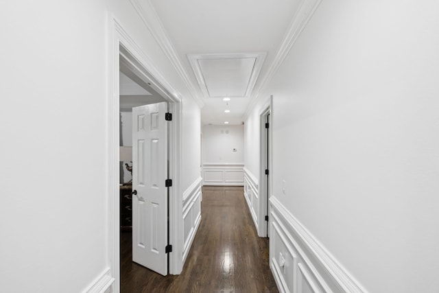 1060 Wilshire Way, Brentwood, TN 37027 - hallway with attic access, dark wood-style floors, a decorative wall, wainscoting, and crown molding