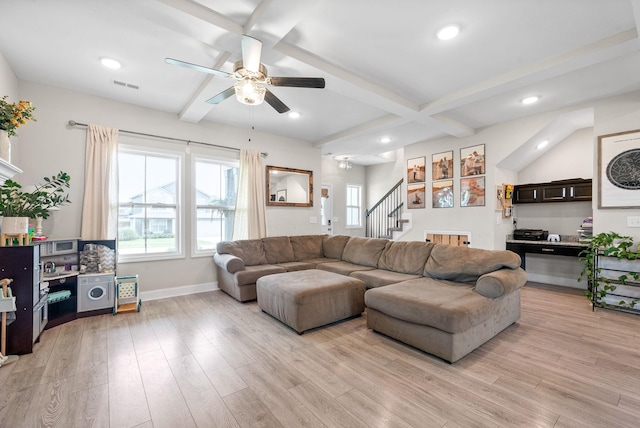 1098 Eagles View Dr, Clarksville, TN 37040 - living area featuring ceiling fan, beamed ceiling, light wood-style floors, stairs, and recessed lighting