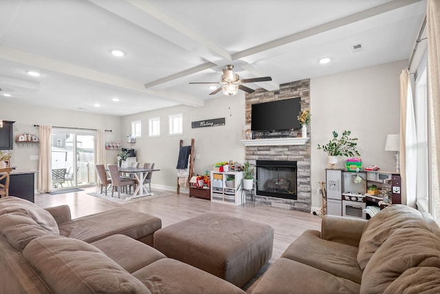 1098 Eagles View Dr, Clarksville, TN 37040 - living area featuring beam ceiling, ceiling fan, a fireplace, wood finished floors, and recessed lighting