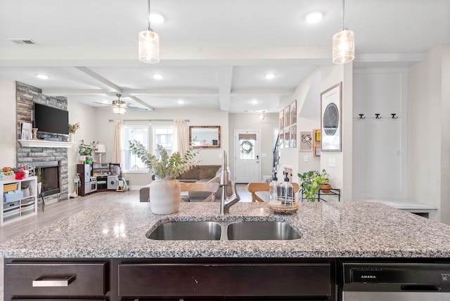 1098 Eagles View Dr, Clarksville, TN 37040 - kitchen featuring open floor plan, dishwasher, wood finished floors, a fireplace, and a ceiling fan