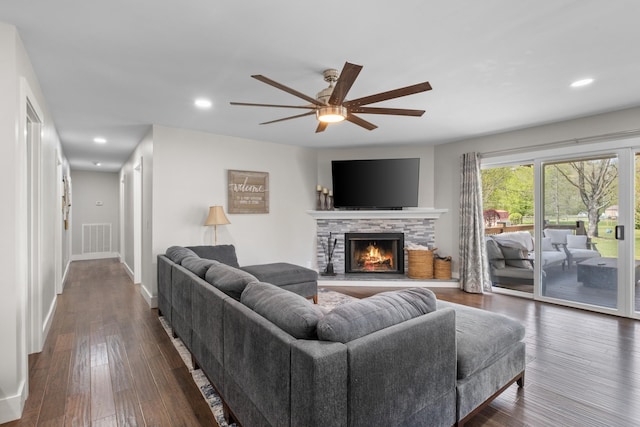 2913 New Hope Rd, Hendersonville, TN 37075 - living room with ceiling fan, a fireplace, dark wood-type flooring, and recessed lighting