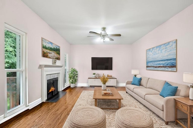 1438 Brighton Cir, Old Hickory, TN 37138 - living area with a high end fireplace, wood finished floors, and ceiling fan