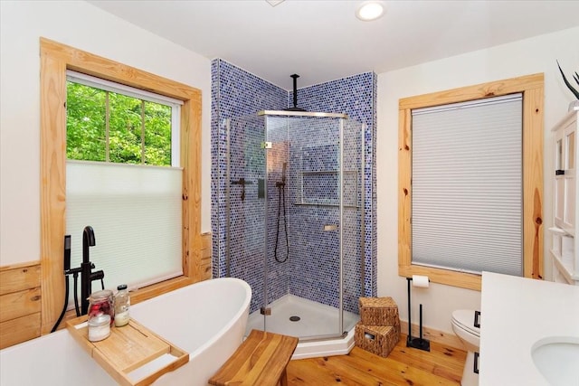 145 W Hollis Chapel Rd, Portland, TN 37148 - full bath featuring a shower stall, a freestanding tub, vanity, wood finished floors, and recessed lighting