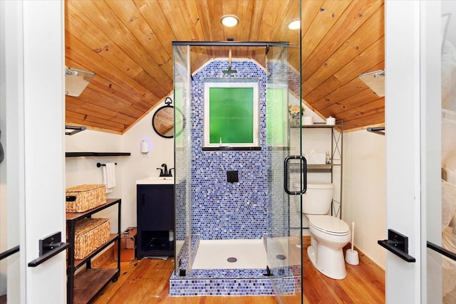 145 W Hollis Chapel Rd, Portland, TN 37148 - bathroom with wood ceiling, wood finished floors, vaulted ceiling, a stall shower, and vanity