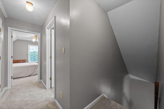2430 Underwood Rd, Cunningham, TN 37052 - hallway featuring a textured ceiling, carpet flooring, lofted ceiling, and an upstairs landing
