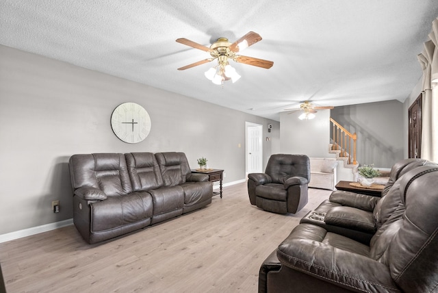 2430 Underwood Rd, Cunningham, TN 37052 - living area featuring stairway, ceiling fan, light wood-style flooring, and a textured ceiling