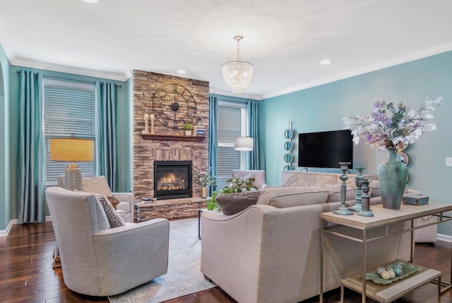 625 Foster Ln, Mount Juliet, TN 37122 - living room featuring crown molding, a fireplace, and dark wood-style floors
