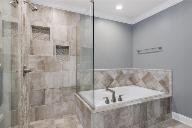 133 Tanasi Shr, Gallatin, TN 37066 - bathroom with a bath, a tile shower, crown molding, tile patterned flooring, and recessed lighting