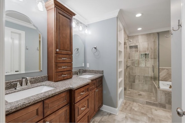 133 Tanasi Shr, Gallatin, TN 37066 - full bathroom featuring crown molding, double vanity, tiled shower, a tub to relax in, and recessed lighting