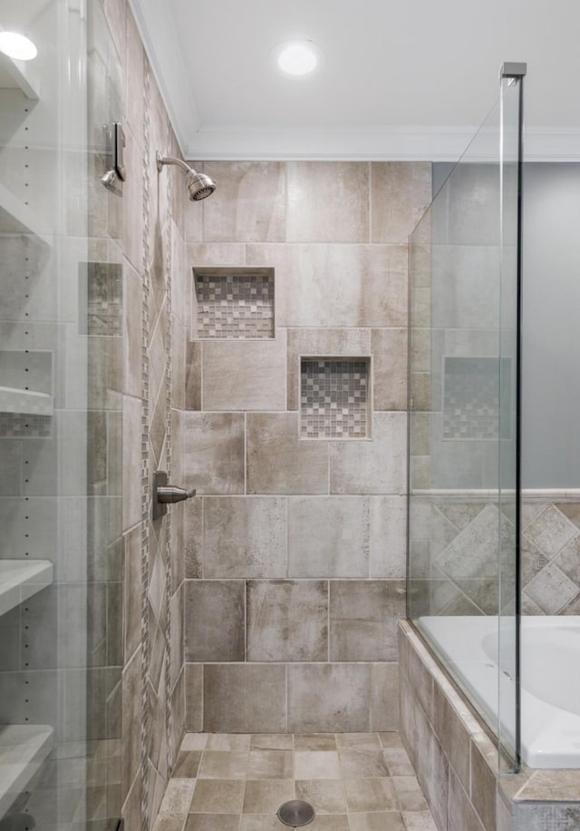 133 Tanasi Shr, Gallatin, TN 37066 - bathroom featuring tiled shower, tiled bath, ornamental molding, and recessed lighting