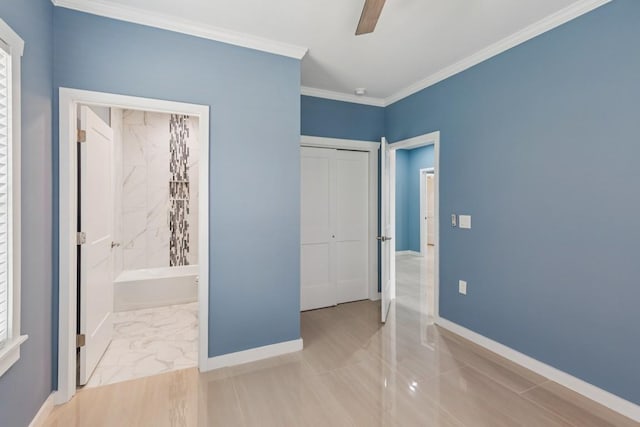 148 Quita Cir, Lebanon, TN 37087 - unfurnished bedroom with a closet, ornamental molding, ensuite bathroom, and a ceiling fan