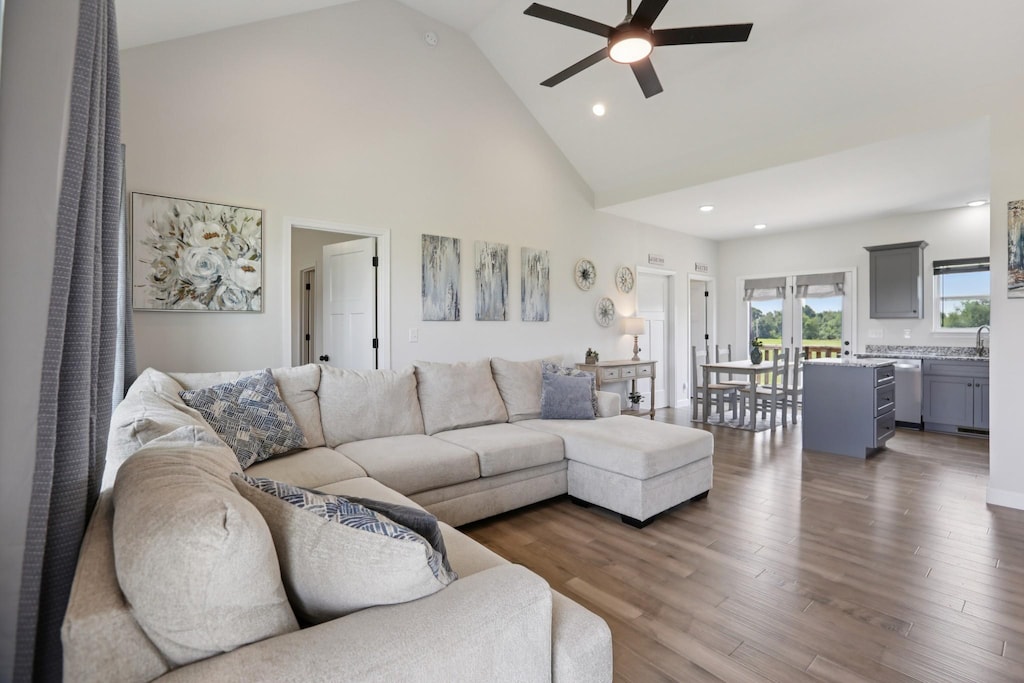 1202 Oak Grove Rd, Dickson, TN 37055 - living room featuring high vaulted ceiling, a ceiling fan, recessed lighting, and wood finished floors