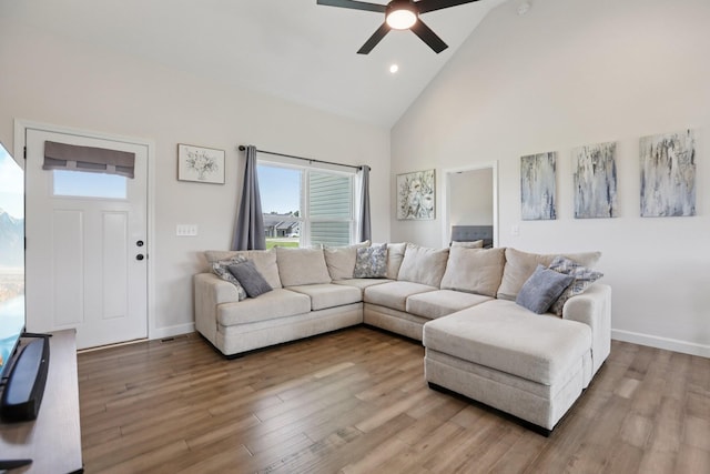 1202 Oak Grove Rd, Dickson, TN 37055 - living area with high vaulted ceiling, a ceiling fan, wood finished floors, and recessed lighting
